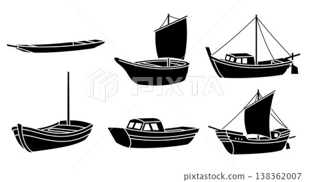 Black Solid Traditional Japanese Fishing Boats and Small Vessels Silhouettes Set of Six on White Background 138362007