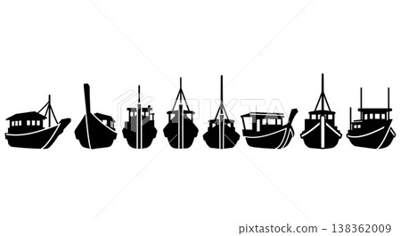 Black Solid Traditional Japanese Fishing Boats and Small Vessels Silhouettes Set of Six on White Background 138362009