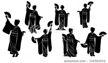 Black Solid Japanese Geisha Dance Silhouettes Set of Six on White Background Black Solid Japanese Geisha Dance Silhouettes Set of Six on White Background 138362010