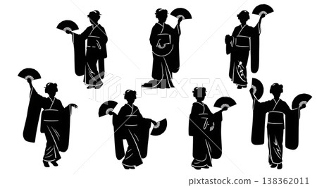 Black Solid Japanese Geisha Dance Silhouettes Set of Six on White Background 138362011