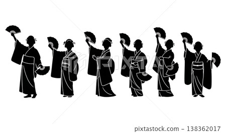 Black Solid Japanese Nihon Buyo Silhouettes Set of Six on White Background 138362017