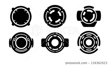 Black Solid Futuristic HUD Silhouettes Set of Six on White Background 138362023
