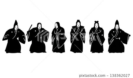 Black Solid Japanese Noh Theater Silhouettes Set of Six on White Background 138362027