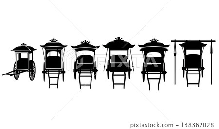 Black Solid Traditional Japanese Palanquins and Kago Silhouettes Set of Six on White Background 138362028