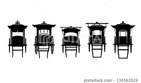 Black Solid Traditional Japanese Palanquins and Kago Silhouettes Set of Six on White Background 138362029