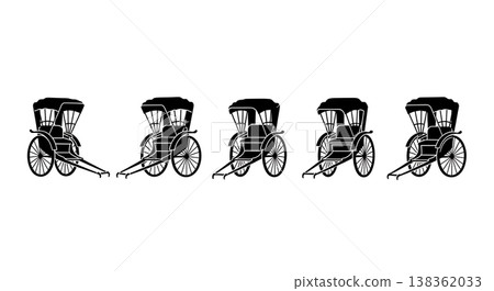 Black Solid Japanese Rickshaws Silhouettes Set of Six on White Background 138362033