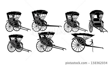 Black Solid Japanese Rickshaws Silhouettes Set of Six on White Background 138362034