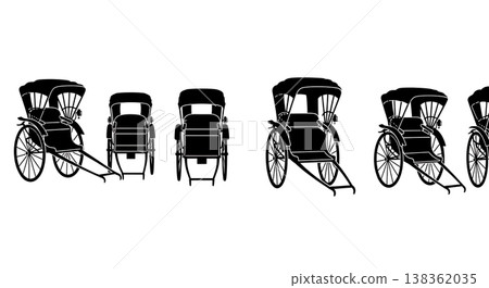 Black Solid Japanese Rickshaws Silhouettes Set of Six on White Background 138362035