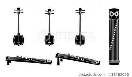 Black Solid Japanese Musical Instrument Silhouettes Set of Six on White Background Black Solid Japanese Musical Instrument Silhouettes Set of Six on White Background 138362036