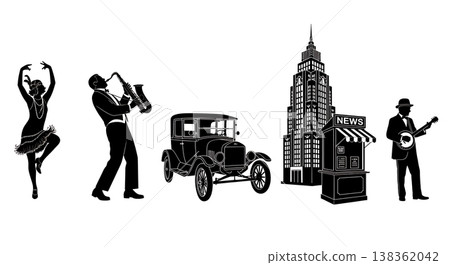 Black Solid 1920s Jazz Age City Silhouettes Set of Six on White Background Black Solid 1920s Jazz Age City Silhouettes Set of Six on White Background 138362042