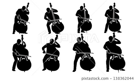 Black Solid Bowing Bassist Silhouettes Set of Six on White Background Black Solid Bowing Bassist Silhouettes Set of Six on White Background 138362044
