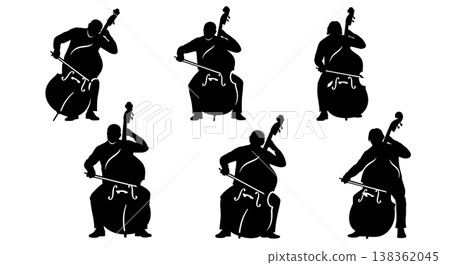 Black Solid Bowing Bassist Silhouettes Set of Six on White Background 138362045