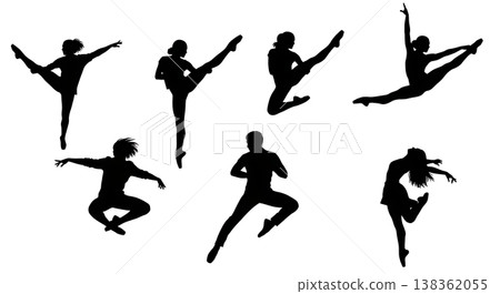 Black Solid Jazz Dancer Silhouettes Set of Six on White Background Black Solid Jazz Dancer Silhouettes Set of Six on White Background 138362055