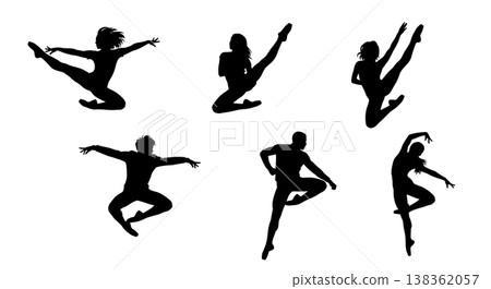 Black Solid Jazz Dancer Silhouettes Set of Six on White Background 138362057