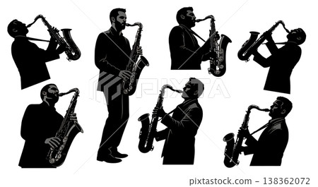 Black Solid Jazz Saxophone Silhouettes Set of Six on White Background Black Solid Jazz Saxophone Silhouettes Set of Six on White Background 138362072