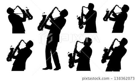 Black Solid Jazz Saxophone Silhouettes Set of Six on White Background Black Solid Jazz Saxophone Silhouettes Set of Six on White Background 138362073
