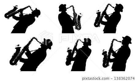 Black Solid Jazz Saxophone Silhouettes Set of Six on White Background Black Solid Jazz Saxophone Silhouettes Set of Six on White Background 138362074