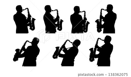 Black Solid Jazz Saxophone Silhouettes Set of Six on White Background 138362075