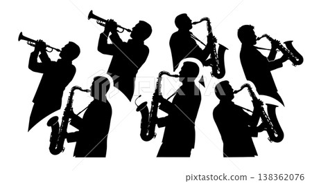 Black Solid Saxophonist Silhouettes Set of Six on White Background Black Solid Saxophonist Silhouettes Set of Six on White Background 138362076