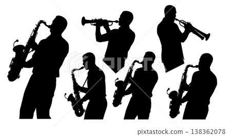 Black Solid Saxophonist Silhouettes Set of Six on White Background Black Solid Saxophonist Silhouettes Set of Six on White Background 138362078