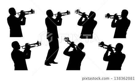 Black Solid Muted Trumpet Silhouettes Set of Six on White Background 138362081