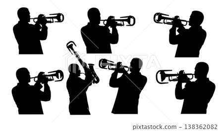 Black Solid Muted Trumpet Silhouettes Set of Six on White Background 138362082