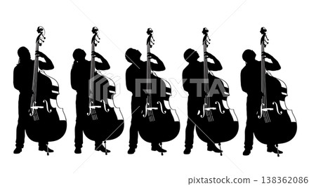 Black Solid Upright Bassist Silhouettes Set of Six on White Background Black Solid Upright Bassist Silhouettes Set of Six on White Background 138362086