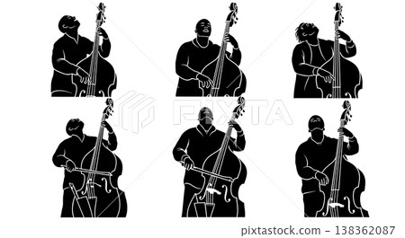 Black Solid Upright Bassist Silhouettes Set of Six on White Background Black Solid Upright Bassist Silhouettes Set of Six on White Background 138362087