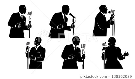 Black Solid Jazz Singer Silhouettes Set of Six on White Background 138362089