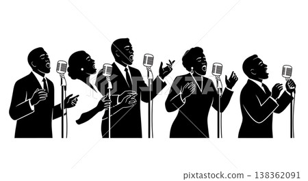 Black Solid Jazz Singer Silhouettes Set of Six on White Background Black Solid Jazz Singer Silhouettes Set of Six on White Background 138362091