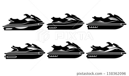 Black Solid Recreational Jet Skis and Personal Watercraft Silhouettes Set of Six on White Background Black Solid Recreational Jet Skis and Personal Watercraft Silhouettes Set of Six on White Background 138362096