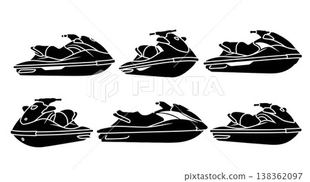 Black Solid Recreational Jet Skis and Personal Watercraft Silhouettes Set of Six on White Background 138362097