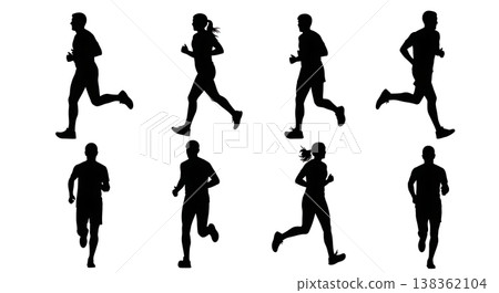 Black Solid Jogging People Silhouettes Set of Six on White Background Black Solid Jogging People Silhouettes Set of Six on White Background 138362104