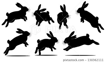 Black Solid Joyful Binky Bunny Silhouettes Set of Six on White Background Black Solid Joyful Binky Bunny Silhouettes Set of Six on White Background 138362111