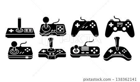 Black Solid Gaming Controller Silhouettes Set of Six on White Background Black Solid Gaming Controller Silhouettes Set of Six on White Background 138362141