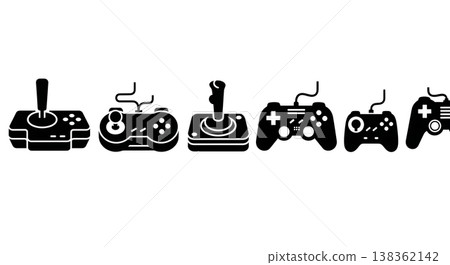 Black Solid Gaming Controller Silhouettes Set of Six on White Background 138362142