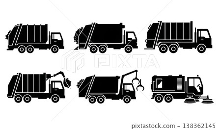 Black Solid Public Garbage Trucks and Waste Management Vehicles Silhouettes Set of Six on White Background 138362145