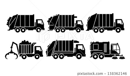 Black Solid Public Garbage Trucks and Waste Management Vehicles Silhouettes Set of Six on White Background 138362146