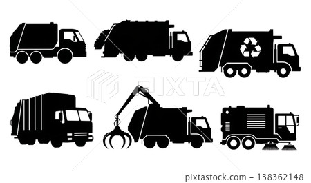 Black Solid Public Garbage Trucks and Waste Management Vehicles Silhouettes Set of Six on White Background Black Solid Public Garbage Trucks and Waste Management Vehicles Silhouettes Set of Six on White Background 138362148