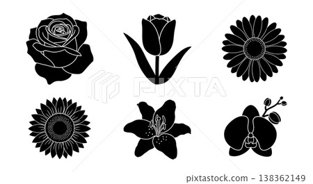 Black Solid Garden Flowers Silhouettes Set of Six on White Background Black Solid Garden Flowers Silhouettes Set of Six on White Background 138362149