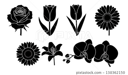 Black Solid Garden Flowers Silhouettes Set of Six on White Background 138362150
