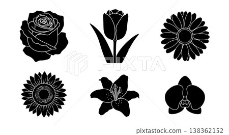 Black Solid Garden Flowers Silhouettes Set of Six on White Background Black Solid Garden Flowers Silhouettes Set of Six on White Background 138362152