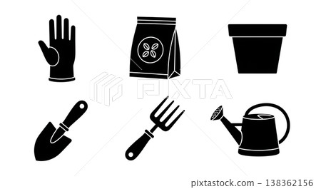 Black Solid Gardening Accessories Silhouettes Set of Six on White Background 138362156