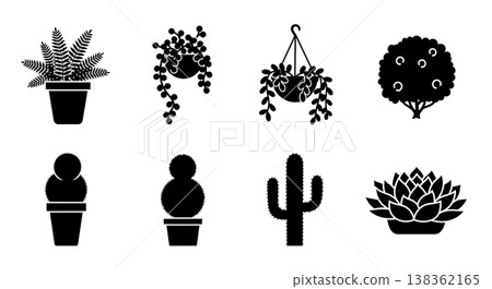 Black Solid Garden Plants for Decoration Silhouettes Set of Six on White Background 138362165