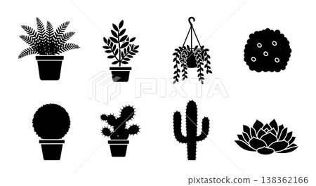 Black Solid Garden Plants for Decoration Silhouettes Set of Six on White Background 138362166