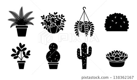 Black Solid Garden Plants for Decoration Silhouettes Set of Six on White Background 138362167