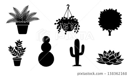 Black Solid Garden Plants for Decoration Silhouettes Set of Six on White Background 138362168