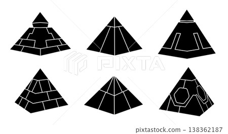 Black Solid Geometric Pyramid Silhouettes Set of Six on White Background Black Solid Geometric Pyramid Silhouettes Set of Six on White Background 138362187