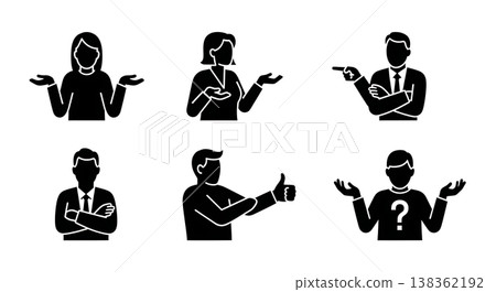 Black Solid Gesturing People Silhouettes Set of Six on White Background 138362192