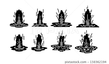 Set of Six Black Solid Geyser and Hot Spring Silhouettes Set of Six Black Solid Geyser and Hot Spring Silhouettes 138362194